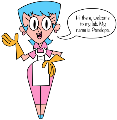 a cartoon mom with lab gloves and and apron introducing herself as penelope